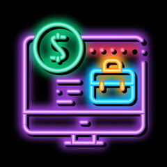 Poster - computer paid work neon light sign vector. Glowing bright icon computer paid work sign. transparent symbol illustration