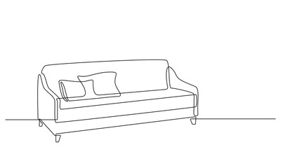 Aufkleber - One continuous line drawing of sofa. Cozy Couch with two pillows. Home furniture in simple linear style. Editable stroke Vector illustration