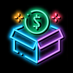 Poster - box package neon light sign vector. Glowing bright icon box package sign. transparent symbol illustration