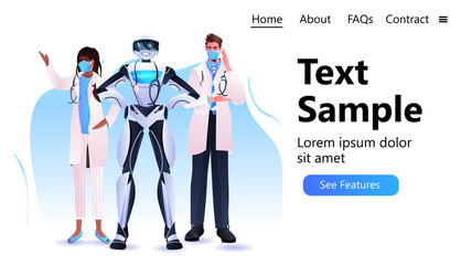 Poster - robot with mix race doctors in masks standing together medicine healthcare artificial intelligence concept
