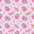 © Juli-art - Seamless pattern with Kitchen utensils. Crockery and cutlery. Plate, saucepan, condiments and spoons on a pink background. Single line. Cooking utensils. Liner and watercolour.