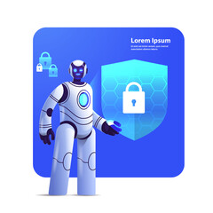 Poster - modern robot cyborg with protection shield cyber security data protection artificial intelligence technology concept