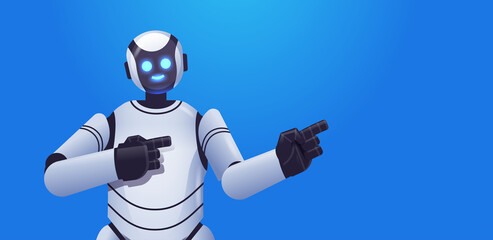 Poster - cute robot cyborg pointing at something modern robotic character artificial intelligence technology 