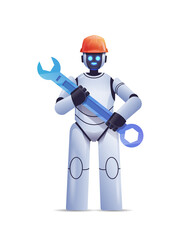 Poster - modern robot in helmet holding wrench repair service artificial intelligence concept