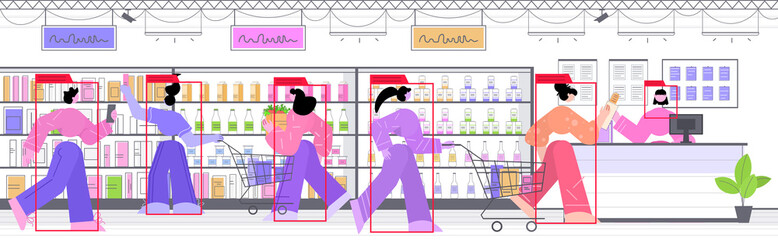 Poster - people buying products in grocery shop security camera surveillance cctv system identification facial recognition