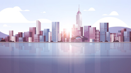 Wall Mural - city buildings skyline modern architecture sunset cityscape background horizontal