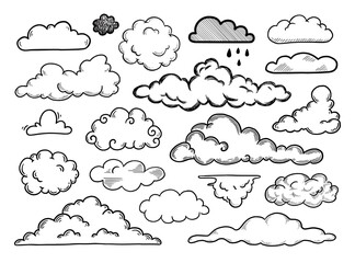 Poster - Hand drawn cloud set. Doodle sketch style cloud. Simple outline scribble draw. Vector illustration.