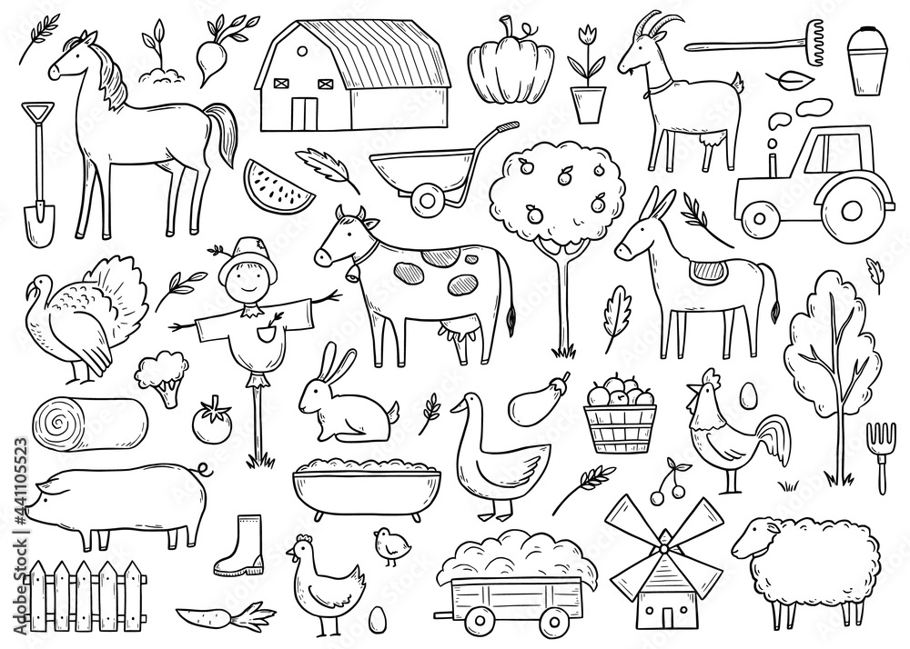 Hand drawn set farm animal, horse, cow, farmer food. Doodle sketch style. Agriculture life background, icon. Isolated vector illustration. - obrazy, fototapety, plakaty 