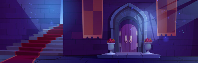 Wall Mural - Medieval night castle interior, wooden arched door with potted flowers, stone stairs with red carpet and brick wall, entry to palace with moonlight fall through window. Fairytale Cartoon vector scene