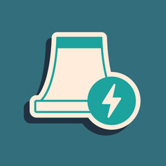 Poster - Green Nuclear power plant icon isolated on green background. Energy industrial concept. Long shadow style. Vector