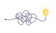 Complex easy simple way from start to idea. Chaos simplifying, problem solving and business solutions idea searching concept vector illustration. Hand drawn doodle scribble chaos lines and light bulb.