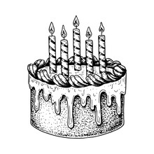 Hand Drawn Birthday Cake With Candles Isolated On White. Vector Illustration In Sketch Style