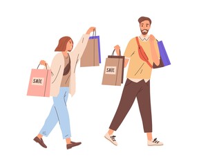 Wall Mural - Couple of happy modern man and woman walking together with shopping bags. Young smiling people carrying purchases from sale. Colored flat graphic vector illustration isolated on white background