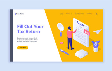 Poster - Correct filling tax documents. Man carefully checks written financial statement. Analysis and calculation commercial interest. Open business with contribution. Vector isometric landing page template