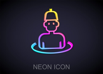 Poster - Glowing neon line Man in the sauna icon isolated on black background. Vector