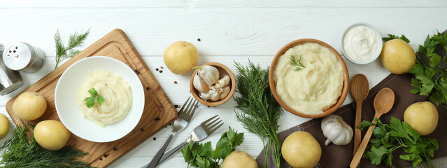 Wall Mural - Concept of tasty eating with mashed potatoes on white wooden table