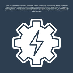 Fototapete - Blue line Gear and lightning icon isolated on blue background. Electric power. Lightning bolt sign. Vector
