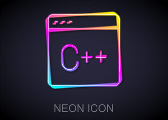 Glowing neon line Software, web developer programming code icon isolated on black background. Javascript computer script random parts of program code. Vector