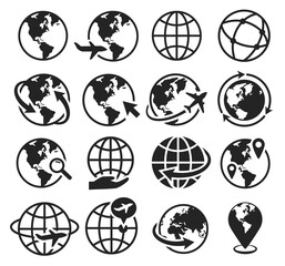 earth icons. international communication, internet, go to web, worldwide traveling by plane. globe w