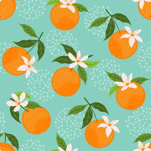 Abstract Seamless Pattern With Orange Fruits, Flowers And Leaves. Vector Illustration.