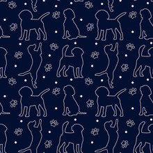 Seamless Beagle Pattern. Cartoon Home Pet, Set Of Cute Puppies For Print, Posters And Postcard. Vector Beagle  Animal Background. Funny Little Doggy Seamless Pattern