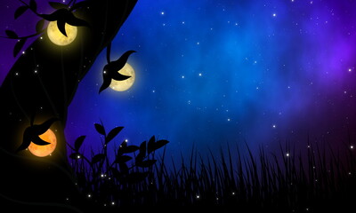 Wall Mural - Fantasy moons tree and stars field at beautiful night. Element of this image furnished by NASA.