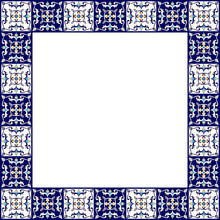 Tile Frame Vector. Border Ceramic Pattern. Label Majolica Ornament Design. Traditional Mexico Talavera; Portuguese Azulejos; Italian Venetian Or Sicily Mosaic Print; Spain Motifs.