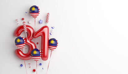 Wall Mural - Malaysia independence day decoration background with 31 balloon number, firework rocket, confetti, copy space text, 3D rendering illustration