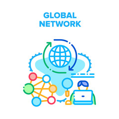 Aufkleber - Global Network Vector Icon Concept. Global Network Internet Communication Technology, World Digital System For Online Communicate. Worldwide Telecommunication And Internet Connect Color Illustration