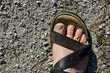 Frauenfuß in Sandale mit breiten Riemen, natürlich und ungepflegt unterwegs auf Kiesweg in der Sonne