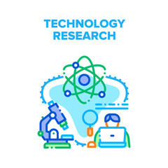 Sticker - Technology Research Science Vector Icon Concept. Technology Research Science Microscope Laboratory Professional Equipment, Scientist Working And Research At Laptop Color Illustration