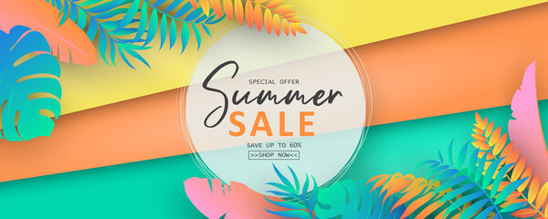 Editable summer sale banner with tropical leaf theme