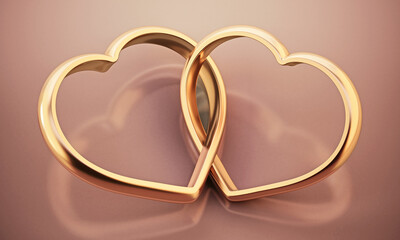 Two attached heart shaped rings standing on pink background. 3D illustration