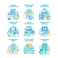 Wall Mural - Business Technology Set Icons Vector Illustrations. Technology Evolution And Product, Global Connection And Video, Technological Robotic Hand And Innovative Gadget Color Illustrations