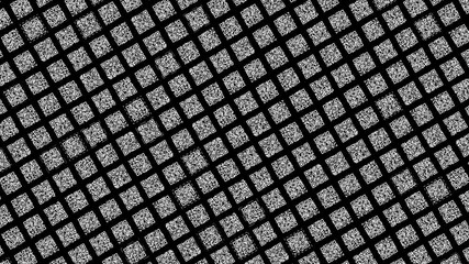 Aufkleber - Abstract diagonal rows of square shaped black and white QR codes moving slowly on black background. Animation. Concept of digital information, monochrome.