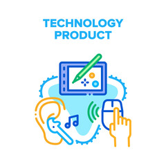 Poster - Technology Product Devices Vector Icon Concept. Tablet For Painting Digital Images, Wireless Computer Mouse And Bluetooth Earphones Technology Product Devices. Electronic Gadget Color Illustration