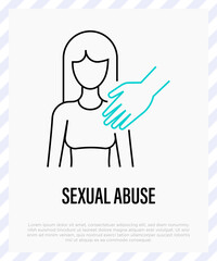 Sexual abuse thin line icon. Hans touches the female breast. Victim of sexual violence. Vector illustration.