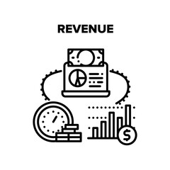 Sticker - Revenue Finance Vector Icon Concept. Revenue Finance, Annual Banking Deposit Profit, Salary Rate Increase And Money Earning And Management. Dollar Income And Economy Business Black Illustration