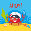 Summer marine poster with funny captain crab character, seaweed, seashells and sign 