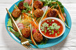 Vietnamese banh mi salad with meatballs, top view
