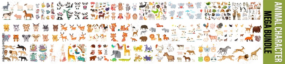 Big bundle of funny domestic and wild animals, marine mammals, reptiles, birds and fish. Collection of cute cartoon characters isolated on white background. Colorful vector illustration in flat style. - obrazy, fototapety, plakaty 