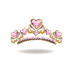 Princess crown or tiara with pearls and pink gems in the shape of a heart vector illustration isolated on white background.