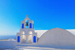Greece Santorini island in Cyclades, traditional view of white washed houses with colorful wooden frames