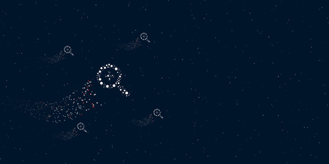 Poster - A zoom in symbol filled with dots flies through the stars leaving a trail behind. Four small symbols around. Empty space for text on the right. Vector illustration on dark blue background with stars