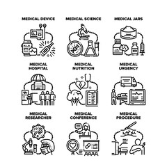 Canvas Print - Medical Science Set Icons Vector Illustrations. Medical Science And Researcher, Hospital Device For Make Medicine Procedure And Nutrition Jars, Clinic Urgency And Conference Black Illustration