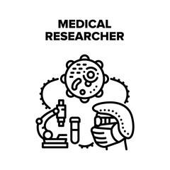 Sticker - Medical Researcher Scientist Vector Icon Concept. Medical Researcher Scientist Research Virus With Microscope Tool And Testing Medicine Product In Laboratory. Chemical Analysis Black Illustration