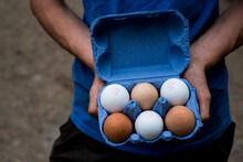 Close up of person holding blue carton of brown and white eggs.
