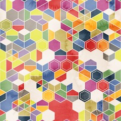 Seamless pattern of hexagons in random colors in watercolor. High quality illustration. Tile mosaic arrangement of triangles, trapezoids, and hexagons, in honeycomb arrangement. Design for print.