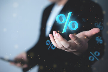 Businessman showing hand symbol of percentage. Calculating results, estimating and displaying percentage results.