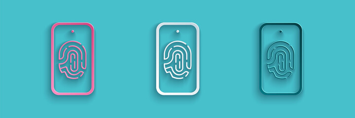 Wall Mural - Paper cut Smartphone with fingerprint scanner icon isolated on blue background. Concept of security, personal access via finger on mobile. Paper art style. Vector